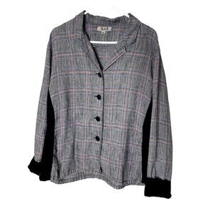FLAX Size M Jacket 100% Linen Button Front Blazer Lagenlook Plaid
